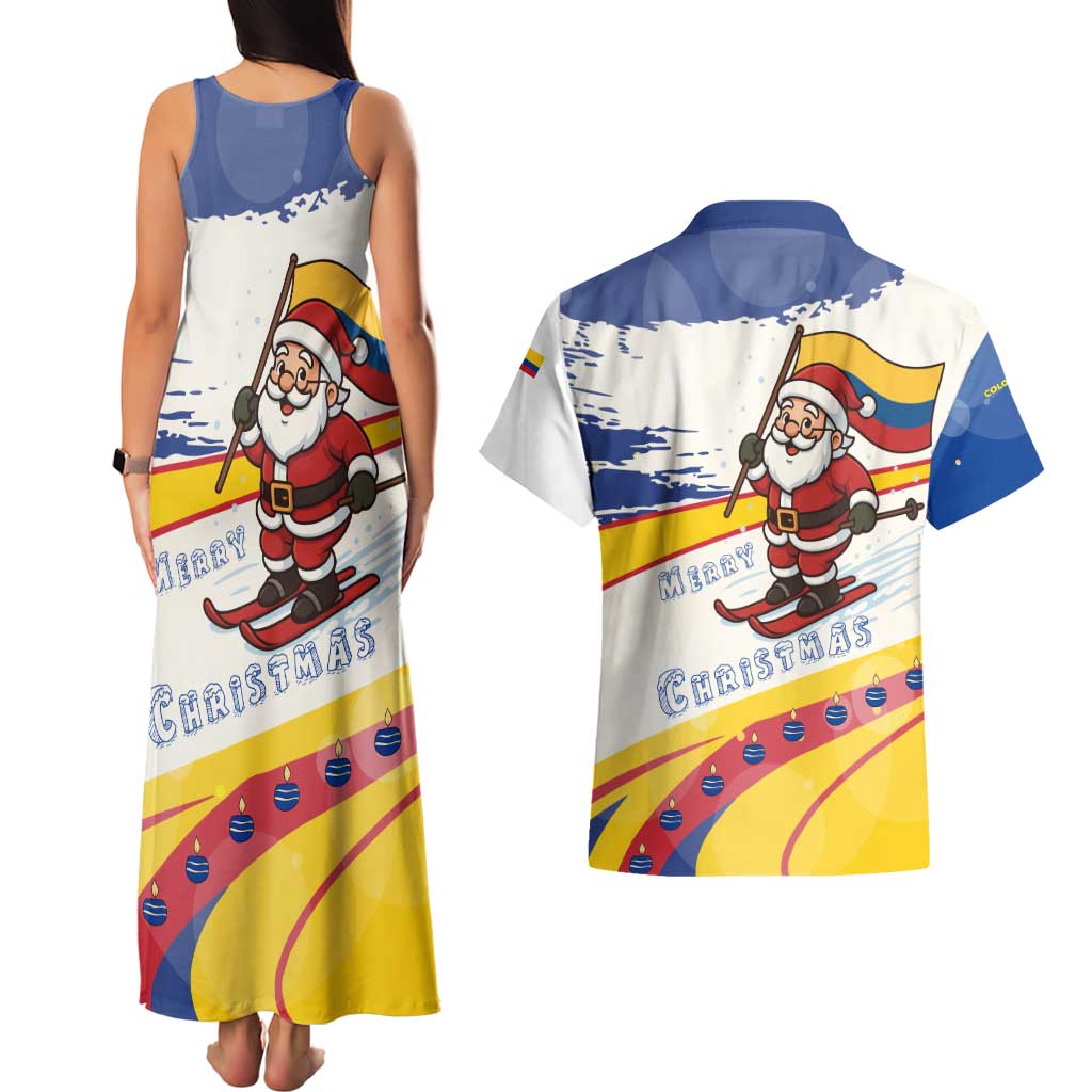 Colombia Christmas Couples Matching Tank Maxi Dress and Hawaiian Shirt with Santa Skiing Colombian Flag and Holiday Ornament - Wonder Print Shop