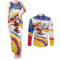 Colombia Christmas Couples Matching Tank Maxi Dress and Long Sleeve Button Shirt with Santa Skiing Colombian Flag and Holiday Ornament - Wonder Print Shop