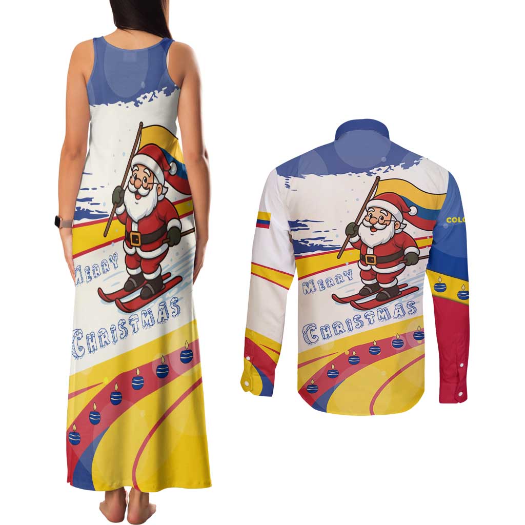 Colombia Christmas Couples Matching Tank Maxi Dress and Long Sleeve Button Shirt with Santa Skiing Colombian Flag and Holiday Ornament - Wonder Print Shop