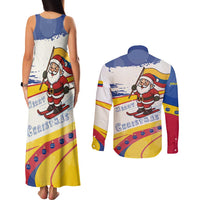 Colombia Christmas Couples Matching Tank Maxi Dress and Long Sleeve Button Shirt with Santa Skiing Colombian Flag and Holiday Ornament - Wonder Print Shop