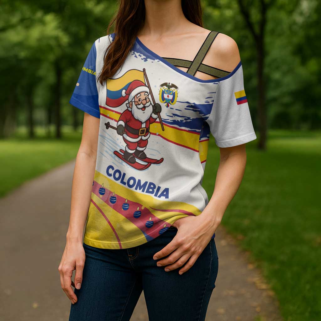 Colombia Christmas Cross Shoulder Shirt with Santa Skiing Colombian Flag and Holiday Ornament - Wonder Print Shop