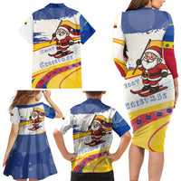 Colombia Christmas Family Matching Long Sleeve Bodycon Dress and Hawaiian Shirt with Santa Skiing Colombian Flag and Holiday Ornament - Wonder Print Shop