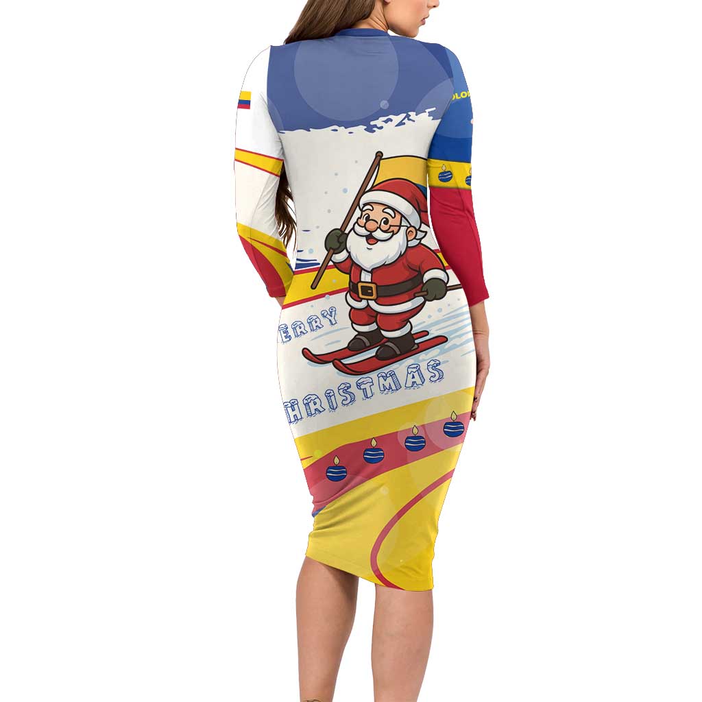 Colombia Christmas Family Matching Long Sleeve Bodycon Dress and Hawaiian Shirt with Santa Skiing Colombian Flag and Holiday Ornament - Wonder Print Shop