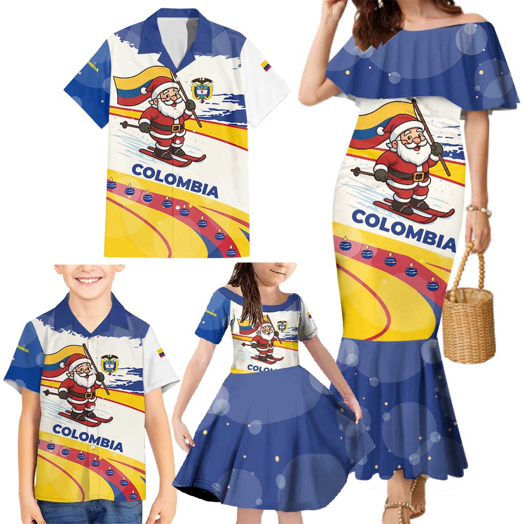 Colombia Christmas Family Matching Mermaid Dress and Hawaiian Shirt with Santa Skiing Colombian Flag and Holiday Ornament - Wonder Print Shop