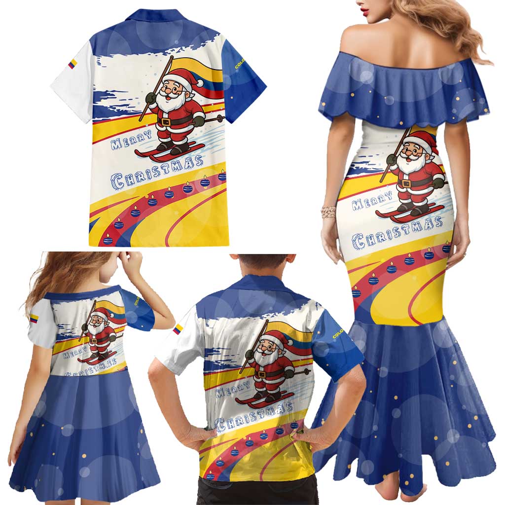 Colombia Christmas Family Matching Mermaid Dress and Hawaiian Shirt with Santa Skiing Colombian Flag and Holiday Ornament - Wonder Print Shop