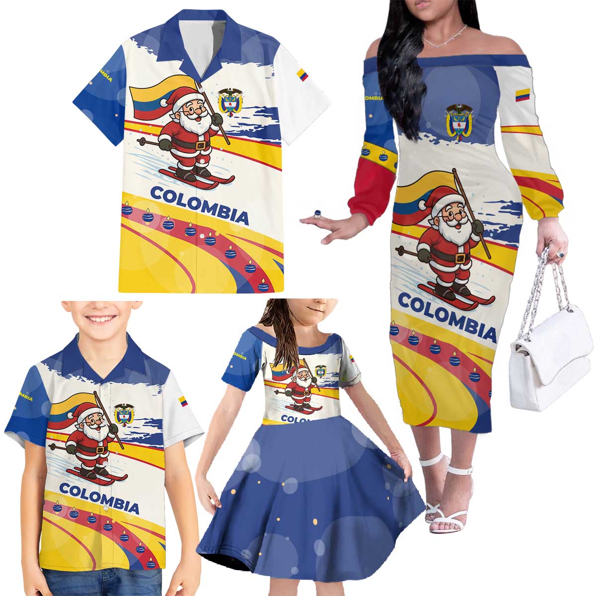 Colombia Christmas Family Matching Off The Shoulder Long Sleeve Dress and Hawaiian Shirt with Santa Skiing Colombian Flag and Holiday Ornament - Wonder Print Shop