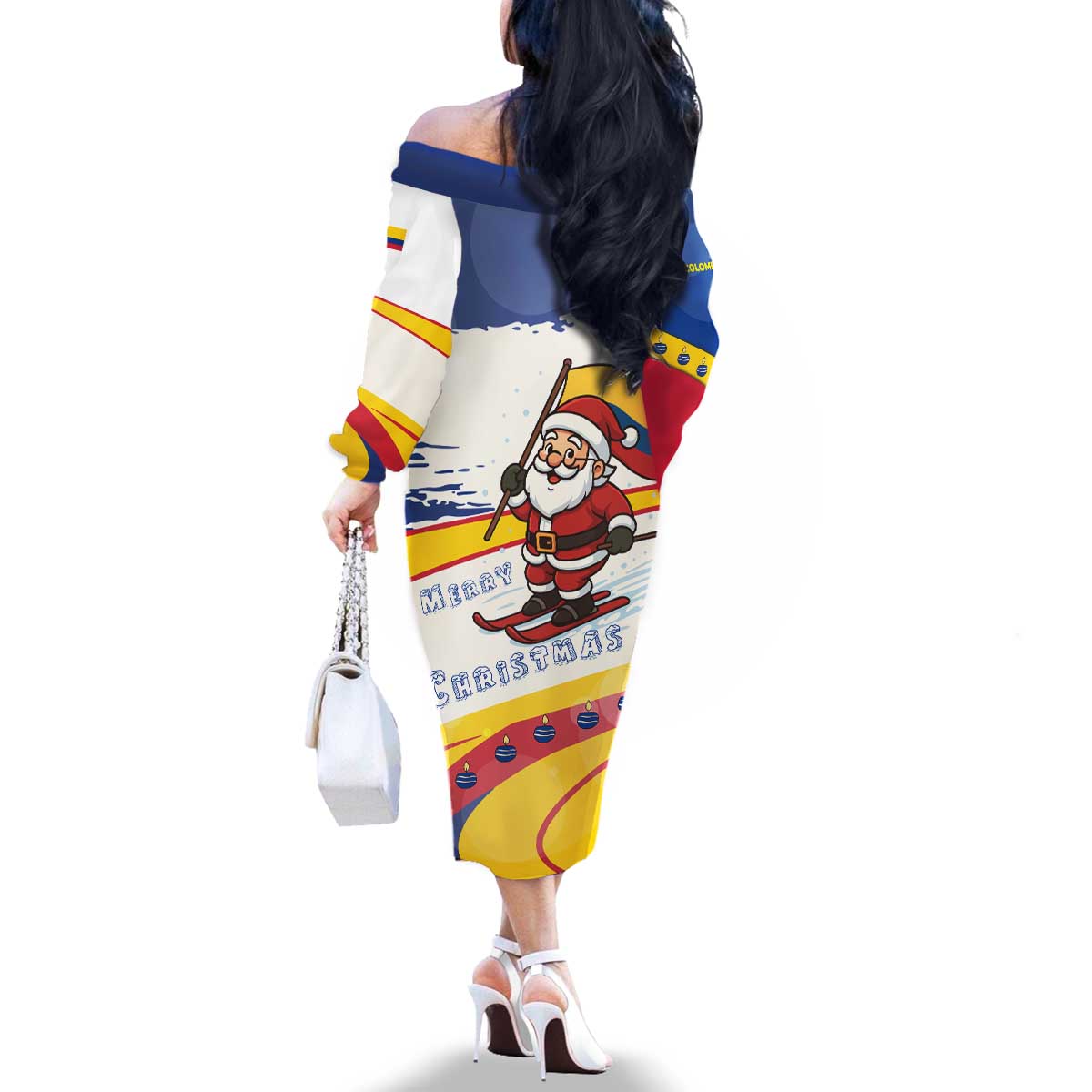 Colombia Christmas Family Matching Off The Shoulder Long Sleeve Dress and Hawaiian Shirt with Santa Skiing Colombian Flag and Holiday Ornament - Wonder Print Shop