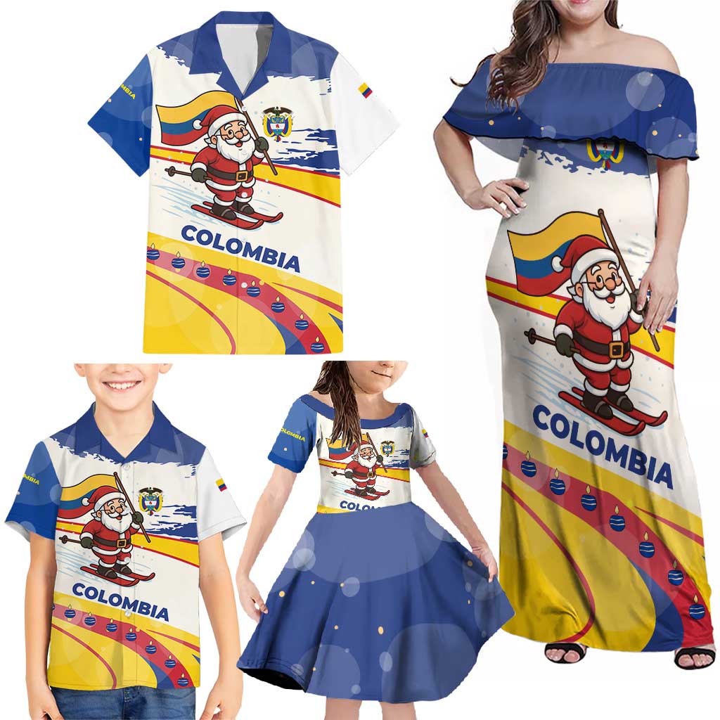 Colombia Christmas Family Matching Off Shoulder Maxi Dress and Hawaiian Shirt with Santa Skiing Colombian Flag and Holiday Ornament - Wonder Print Shop