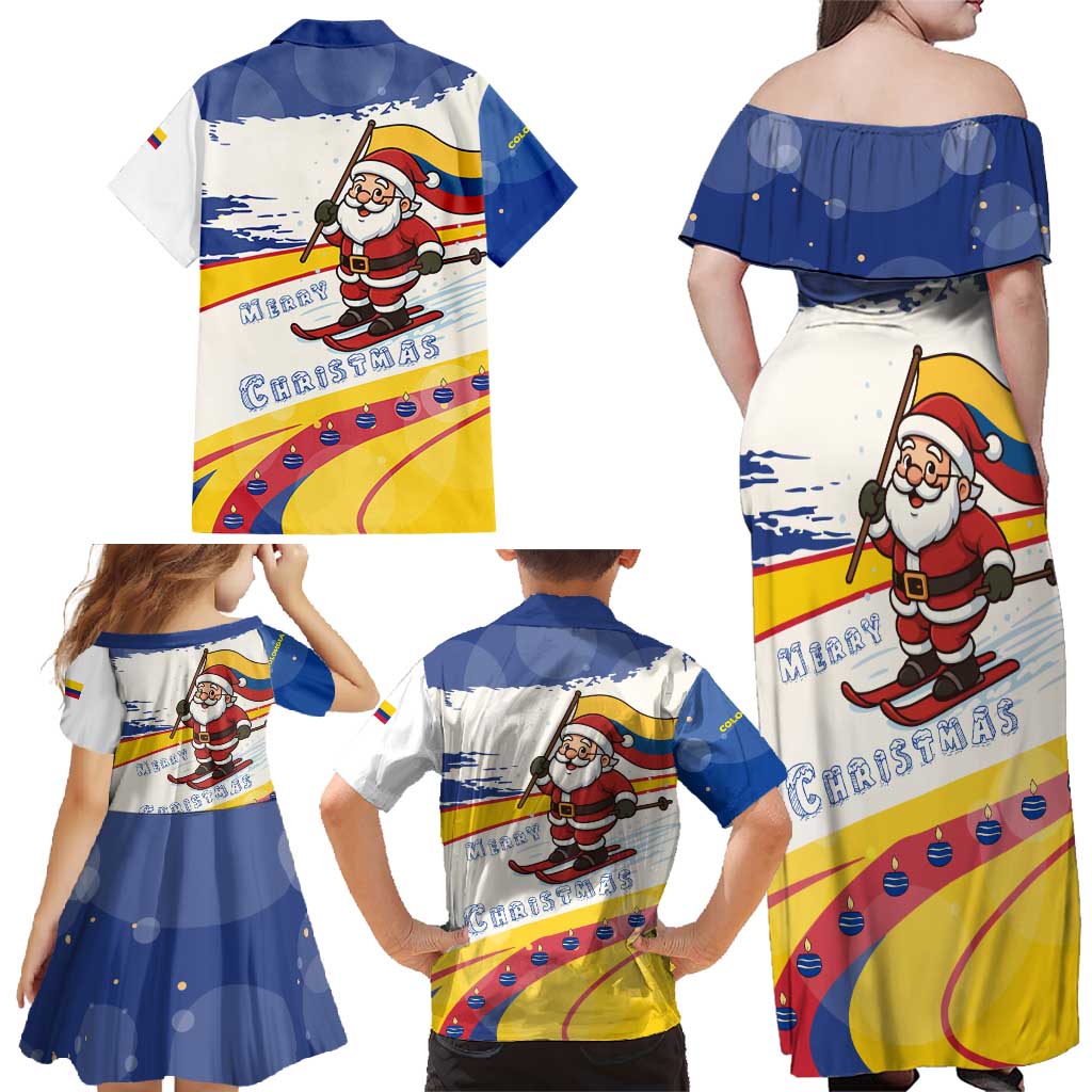 Colombia Christmas Family Matching Off Shoulder Maxi Dress and Hawaiian Shirt with Santa Skiing Colombian Flag and Holiday Ornament - Wonder Print Shop