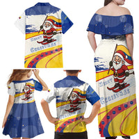 Colombia Christmas Family Matching Off Shoulder Maxi Dress and Hawaiian Shirt with Santa Skiing Colombian Flag and Holiday Ornament - Wonder Print Shop