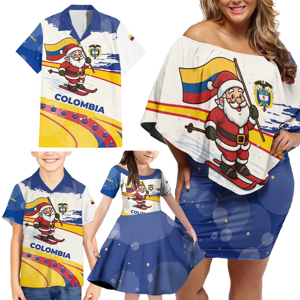 Colombia Christmas Family Matching Off Shoulder Short Dress and Hawaiian Shirt with Santa Skiing Colombian Flag and Holiday Ornament - Wonder Print Shop