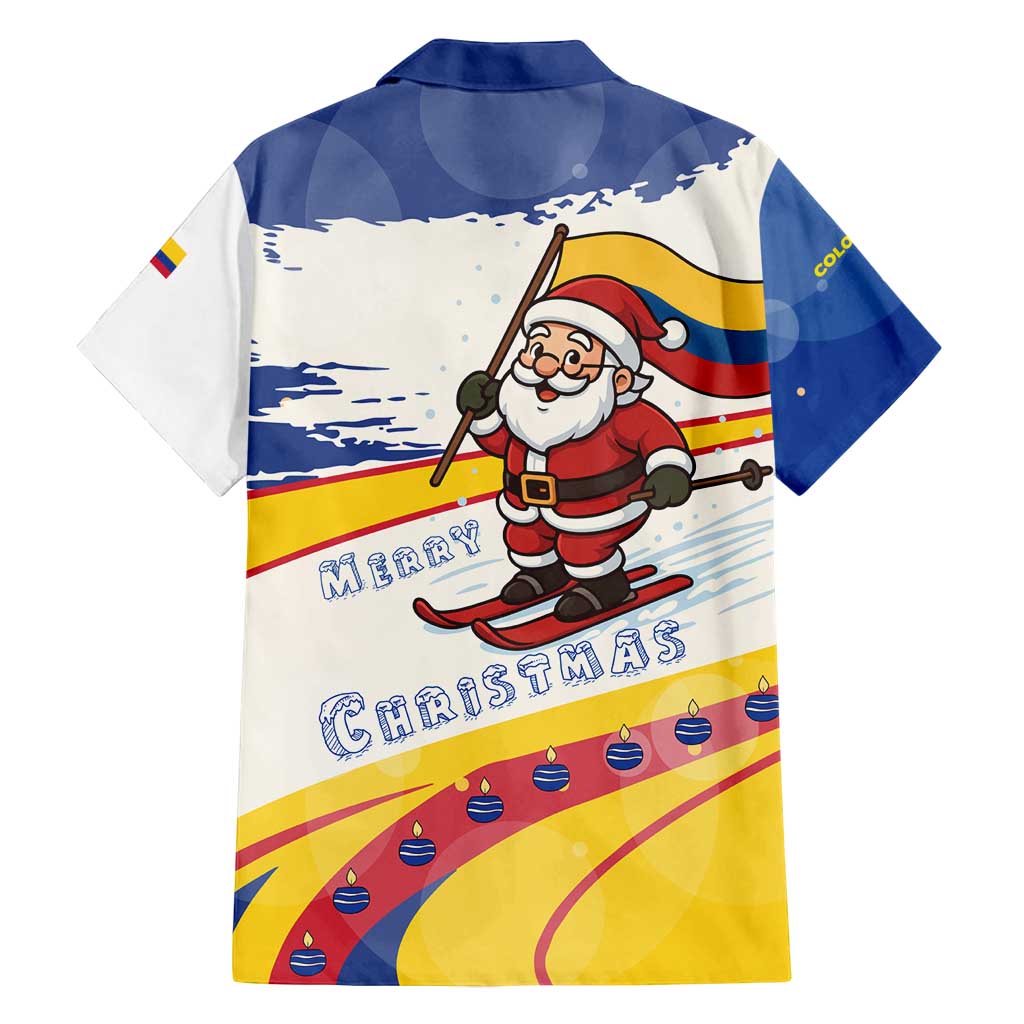 Colombia Christmas Family Matching Off Shoulder Short Dress and Hawaiian Shirt with Santa Skiing Colombian Flag and Holiday Ornament - Wonder Print Shop