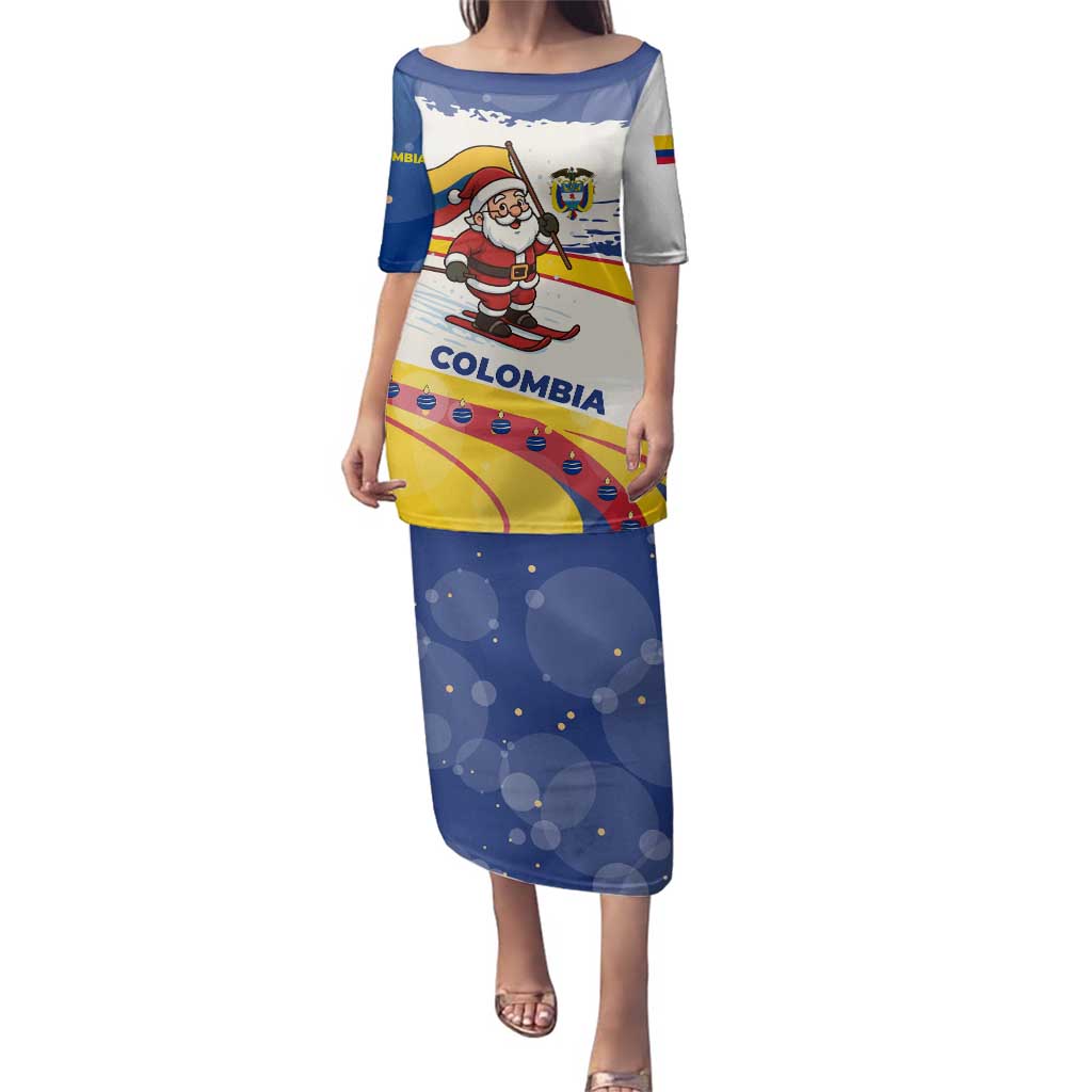 Colombia Christmas Family Matching Puletasi and Hawaiian Shirt with Santa Skiing Colombian Flag and Holiday Ornament - Wonder Print Shop
