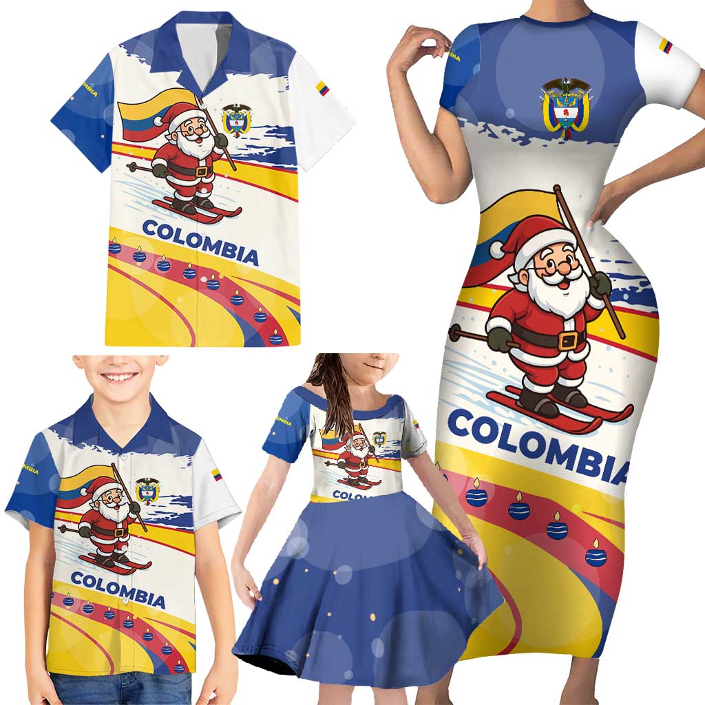 Colombia Christmas Family Matching Short Sleeve Bodycon Dress and Hawaiian Shirt with Santa Skiing Colombian Flag and Holiday Ornament - Wonder Print Shop