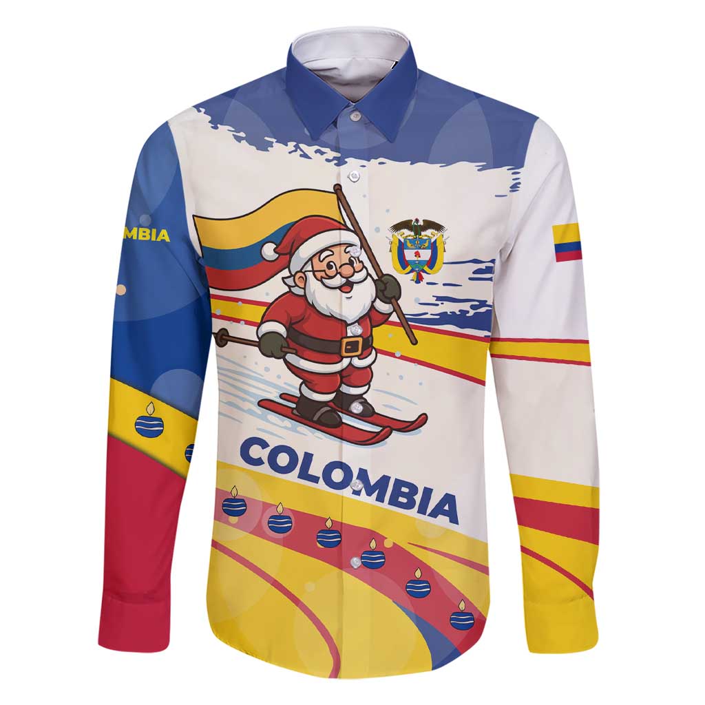 Colombia Christmas Family Matching Short Sleeve Bodycon Dress and Hawaiian Shirt with Santa Skiing Colombian Flag and Holiday Ornament - Wonder Print Shop