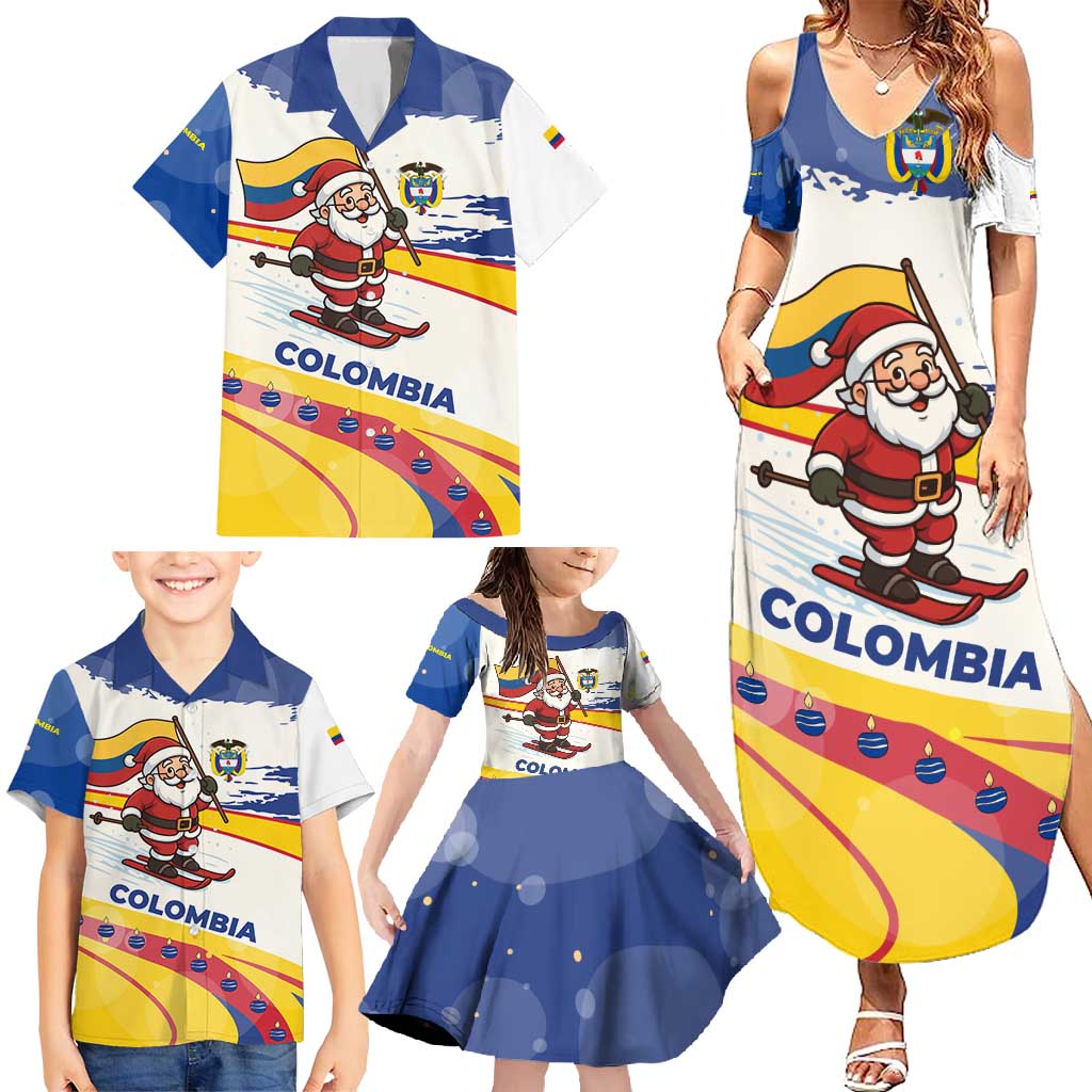 Colombia Christmas Family Matching Summer Maxi Dress and Hawaiian Shirt with Santa Skiing Colombian Flag and Holiday Ornament - Wonder Print Shop