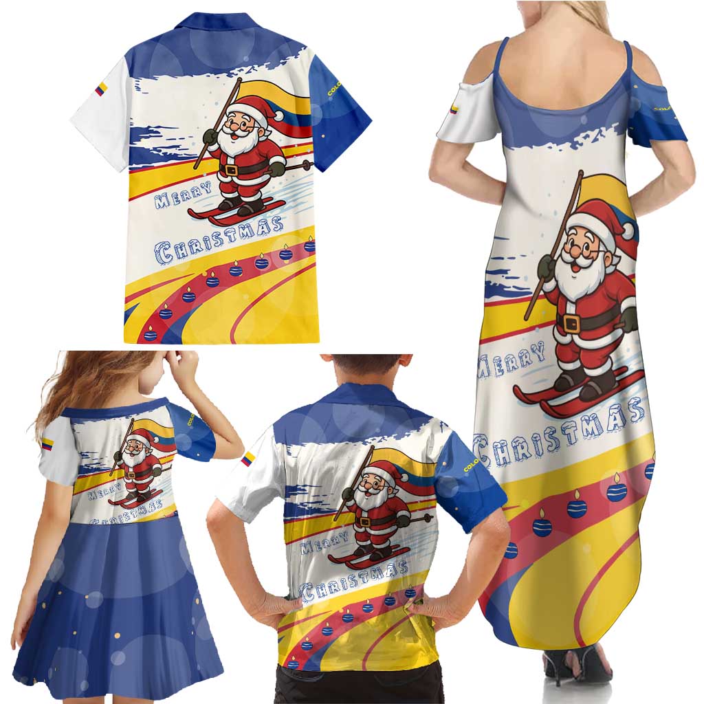 Colombia Christmas Family Matching Summer Maxi Dress and Hawaiian Shirt with Santa Skiing Colombian Flag and Holiday Ornament - Wonder Print Shop