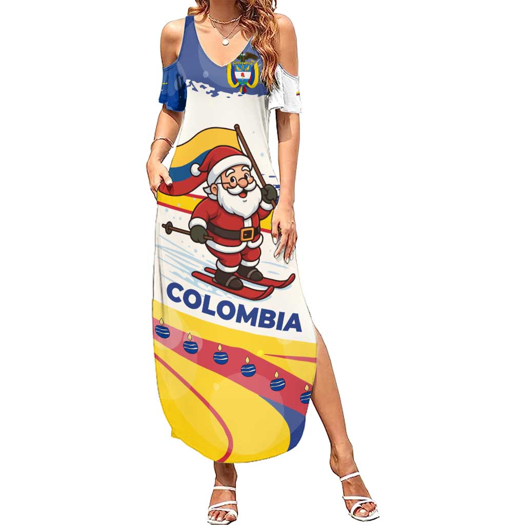 Colombia Christmas Family Matching Summer Maxi Dress and Hawaiian Shirt with Santa Skiing Colombian Flag and Holiday Ornament - Wonder Print Shop