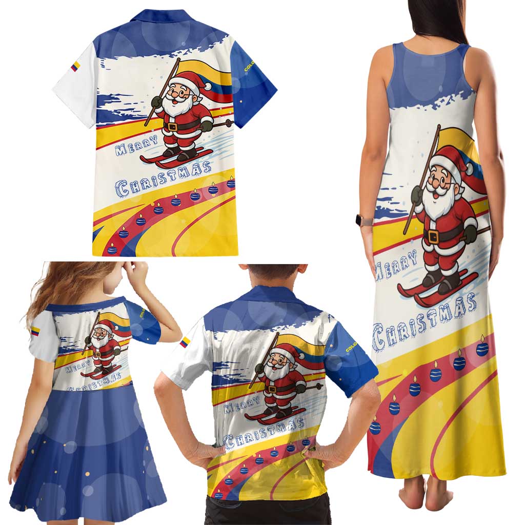 Colombia Christmas Family Matching Tank Maxi Dress and Hawaiian Shirt with Santa Skiing Colombian Flag and Holiday Ornament - Wonder Print Shop