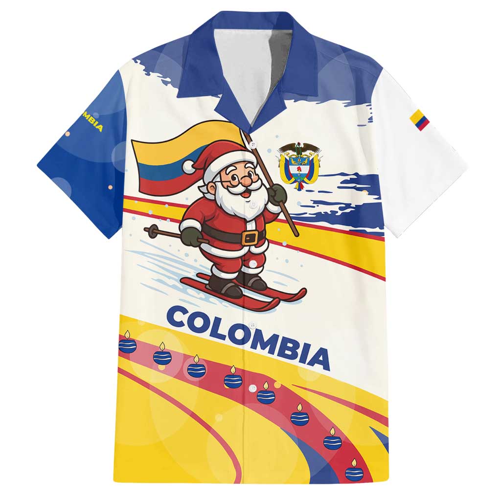Colombia Christmas Family Matching Tank Maxi Dress and Hawaiian Shirt with Santa Skiing Colombian Flag and Holiday Ornament - Wonder Print Shop