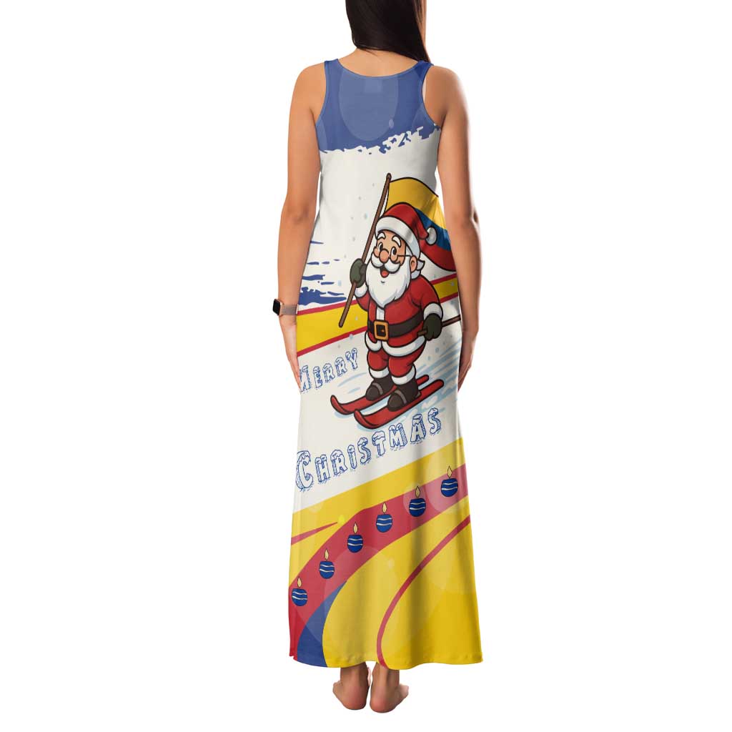 Colombia Christmas Family Matching Tank Maxi Dress and Hawaiian Shirt with Santa Skiing Colombian Flag and Holiday Ornament - Wonder Print Shop