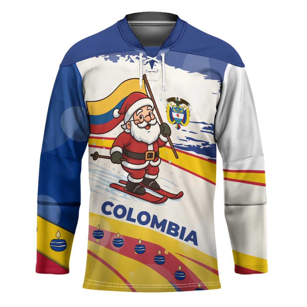 Colombia Christmas Hockey Jersey with Santa Skiing Colombian Flag and Holiday Ornament - Wonder Print Shop