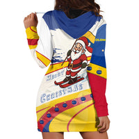 Colombia Christmas Hoodie Dress with Santa Skiing Colombian Flag and Holiday Ornament - Wonder Print Shop