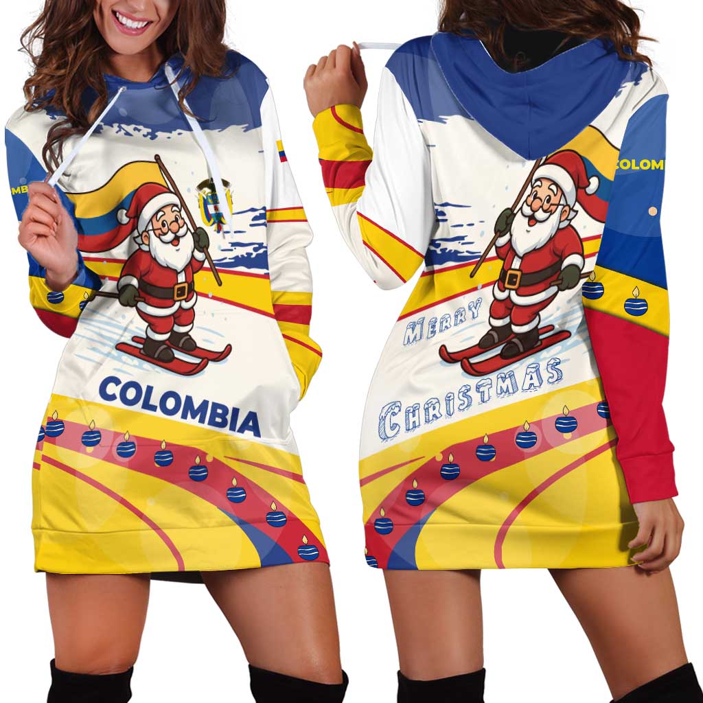 Colombia Christmas Hoodie Dress with Santa Skiing Colombian Flag and Holiday Ornament - Wonder Print Shop