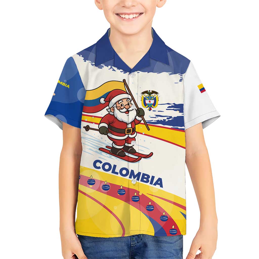 Colombia Christmas Kid Hawaiian Shirt with Santa Skiing Colombian Flag and Holiday Ornament - Wonder Print Shop