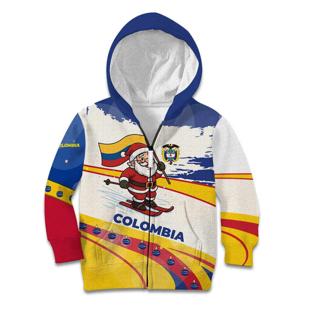 Colombia Christmas Kid Hoodie with Santa Skiing Colombian Flag and Holiday Ornament - Wonder Print Shop