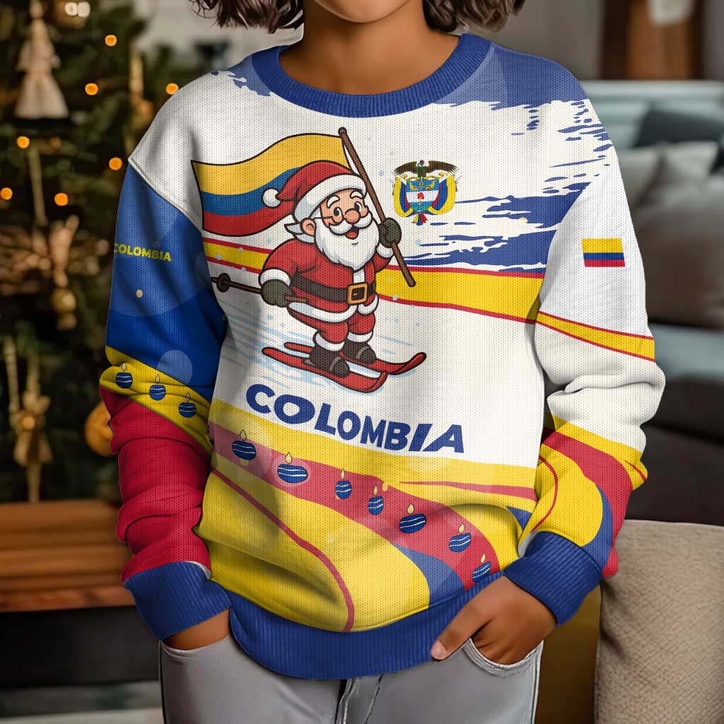 Colombia Christmas Kid Ugly Christmas Sweater with Santa Skiing Colombian Flag and Holiday Ornament - Wonder Print Shop