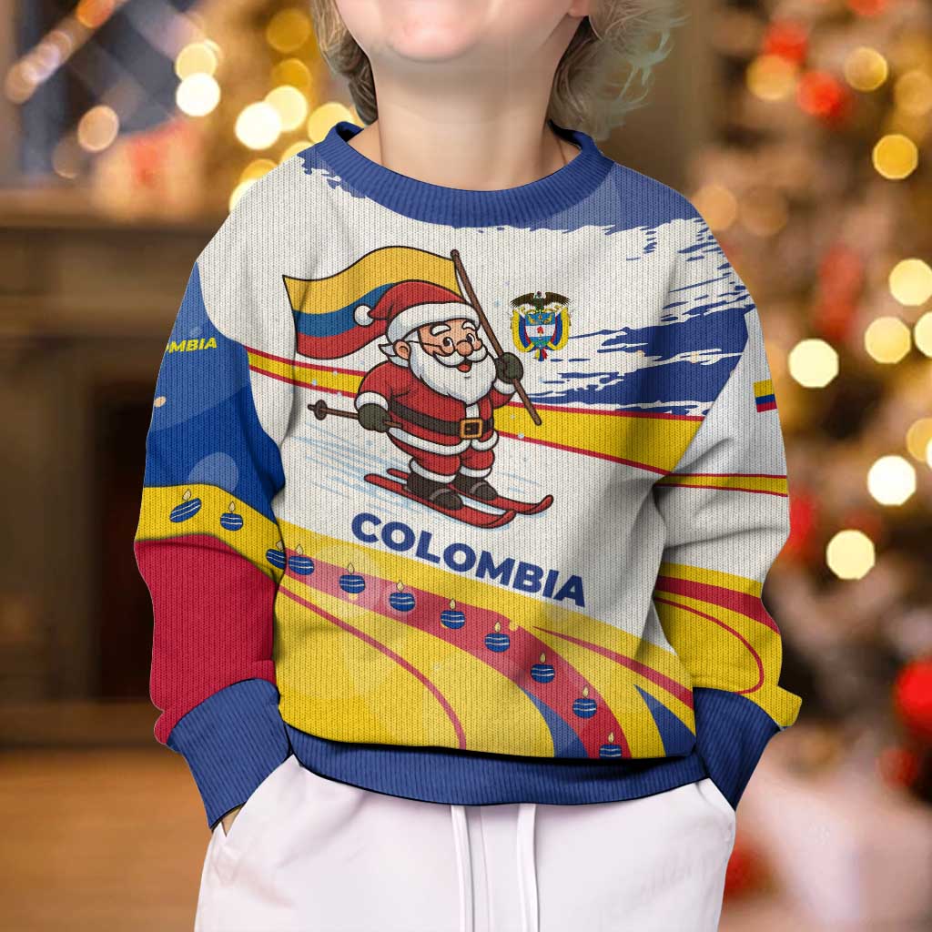 Colombia Christmas Kid Ugly Christmas Sweater with Santa Skiing Colombian Flag and Holiday Ornament - Wonder Print Shop