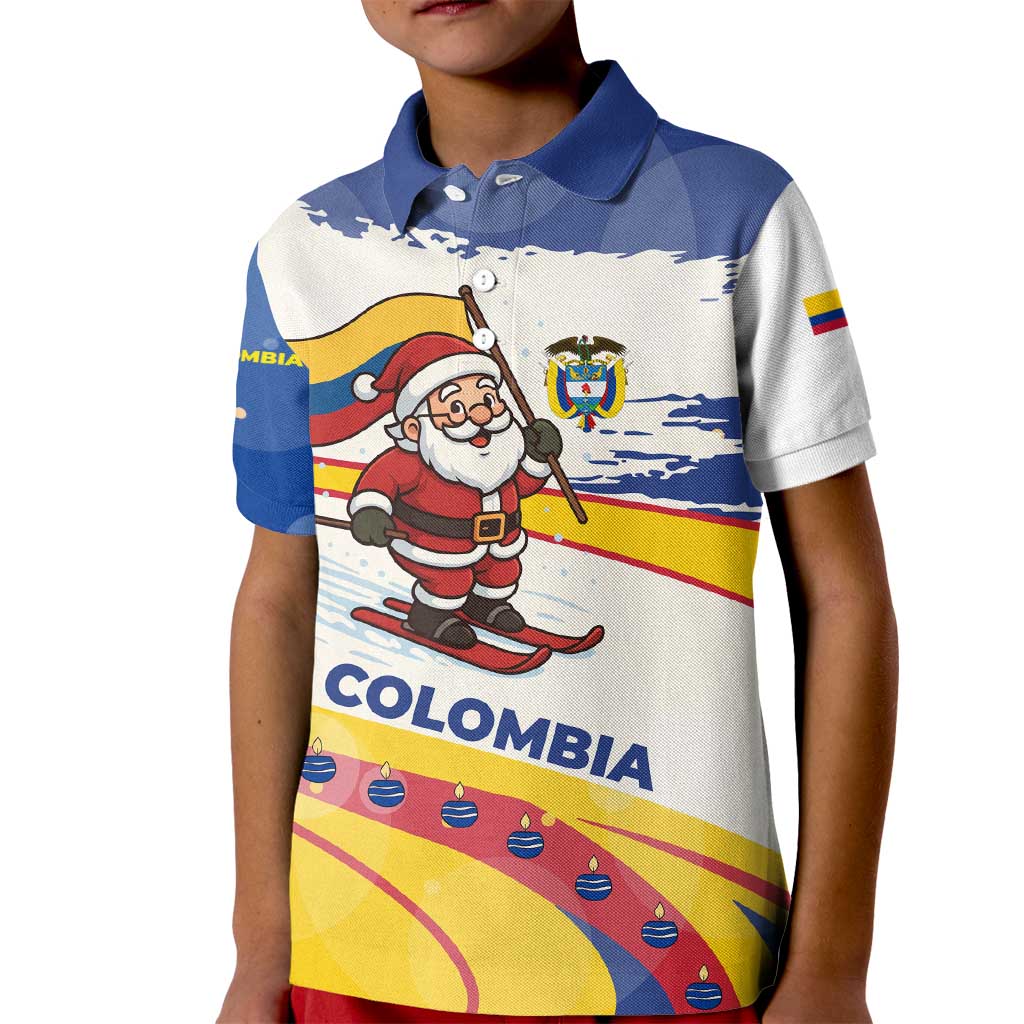 Colombia Christmas Kid Polo Shirt with Santa Skiing Colombian Flag and Holiday Ornament - Wonder Print Shop