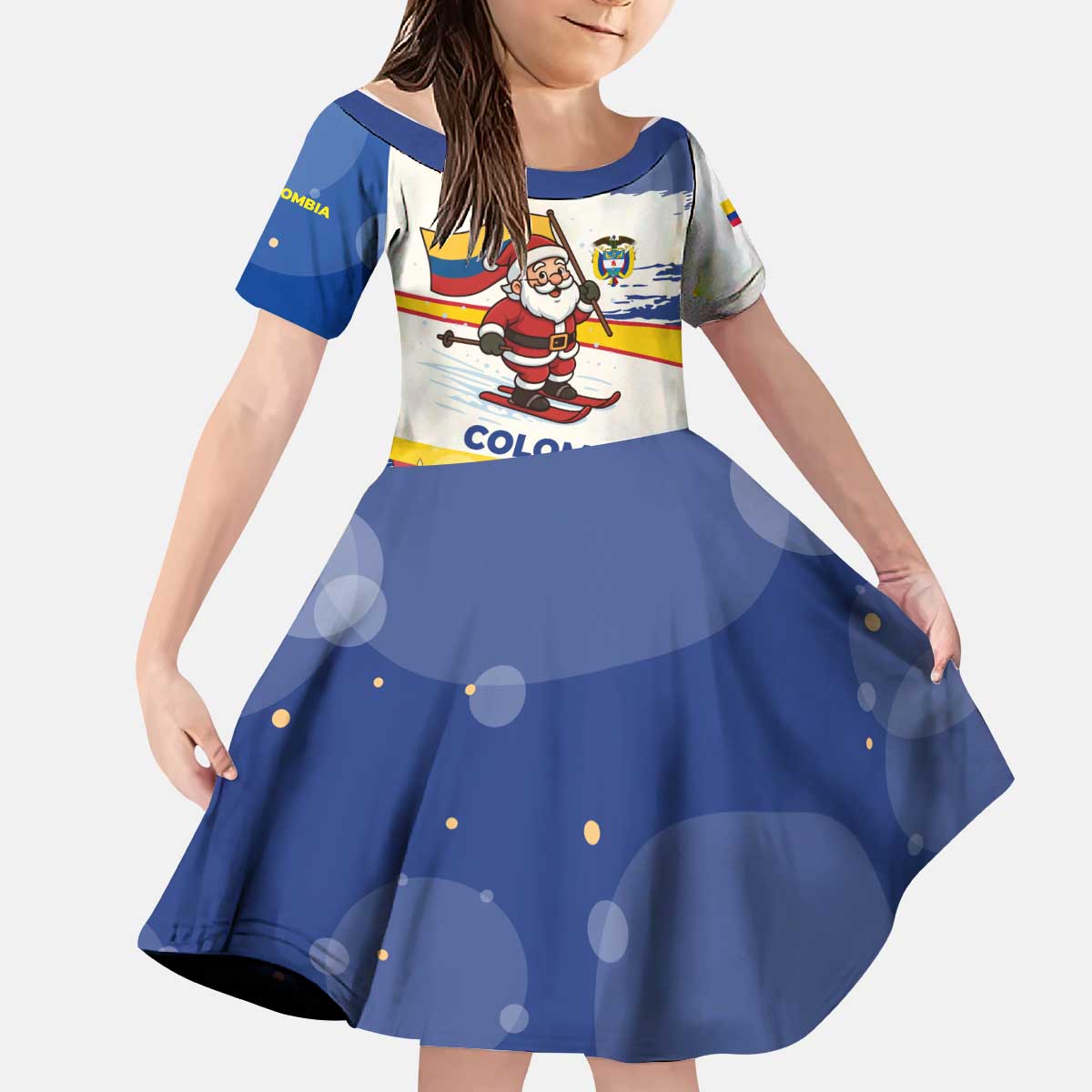 Colombia Christmas Kid Short Sleeve Dress with Santa Skiing Colombian Flag and Holiday Ornament - Wonder Print Shop