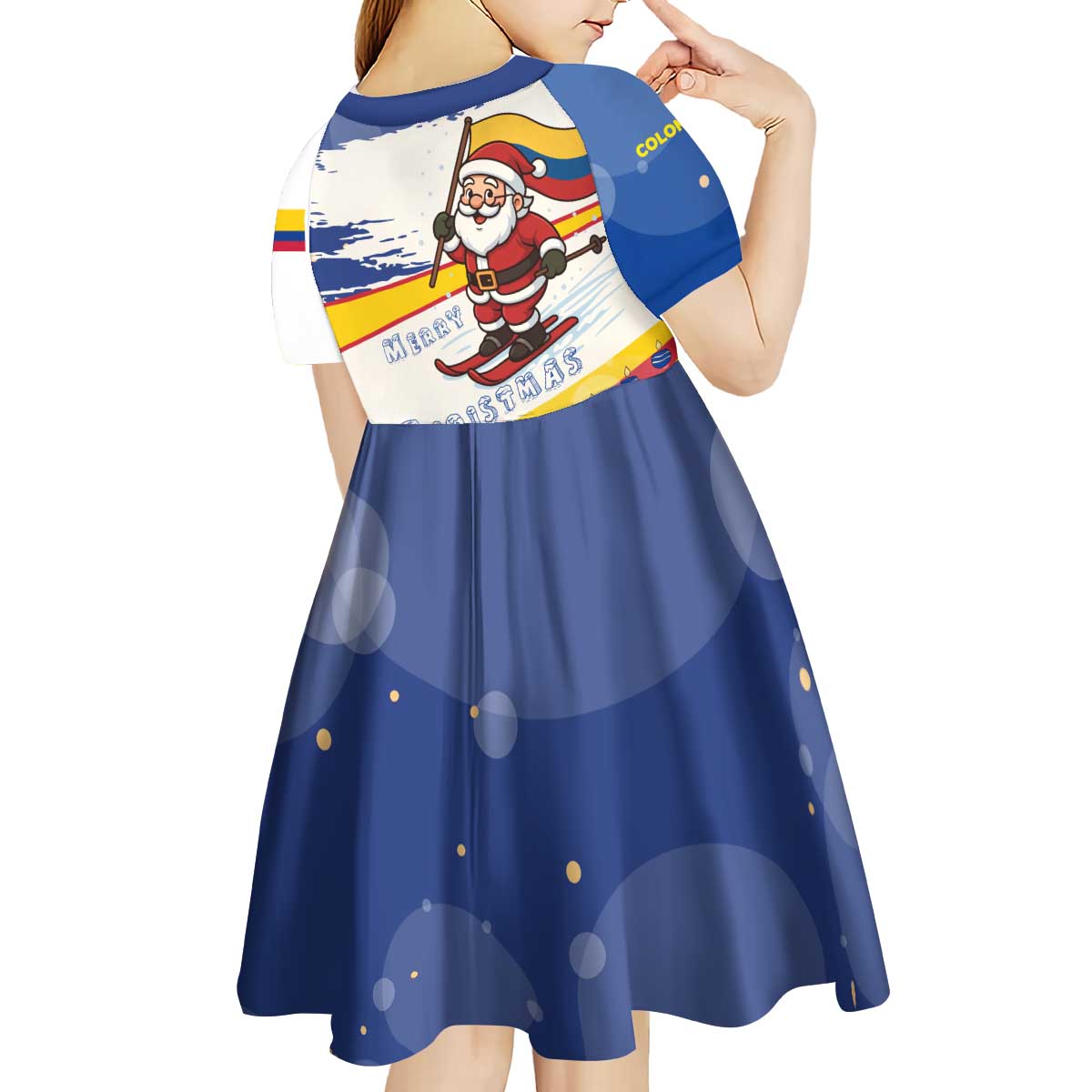 Colombia Christmas Kid Short Sleeve Dress with Santa Skiing Colombian Flag and Holiday Ornament - Wonder Print Shop