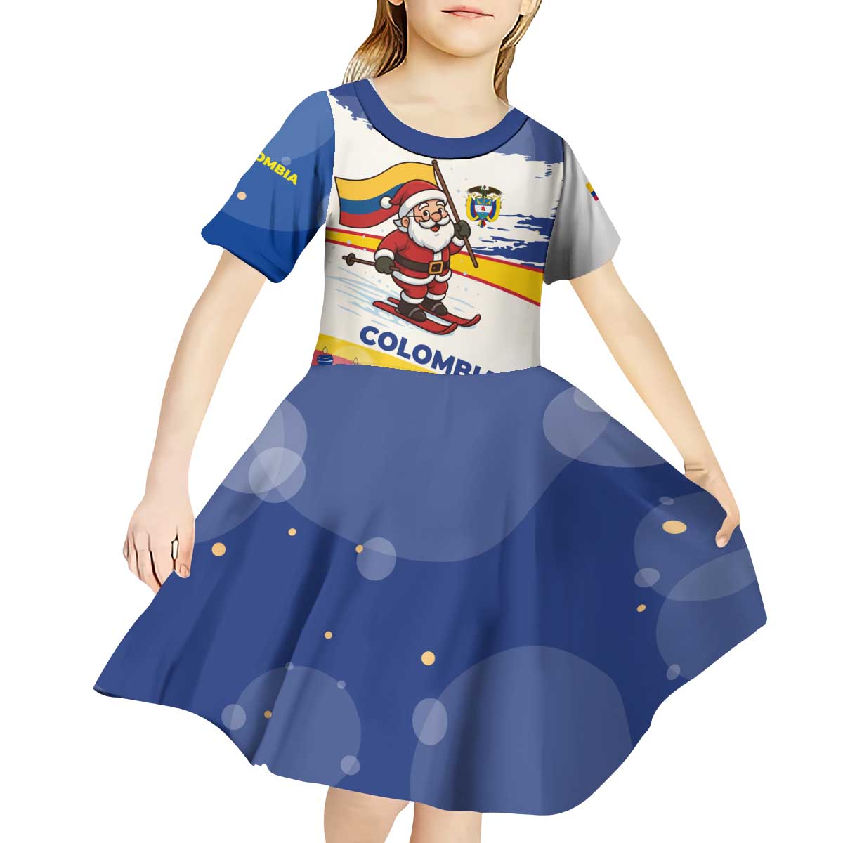 Colombia Christmas Kid Short Sleeve Dress with Santa Skiing Colombian Flag and Holiday Ornament - Wonder Print Shop