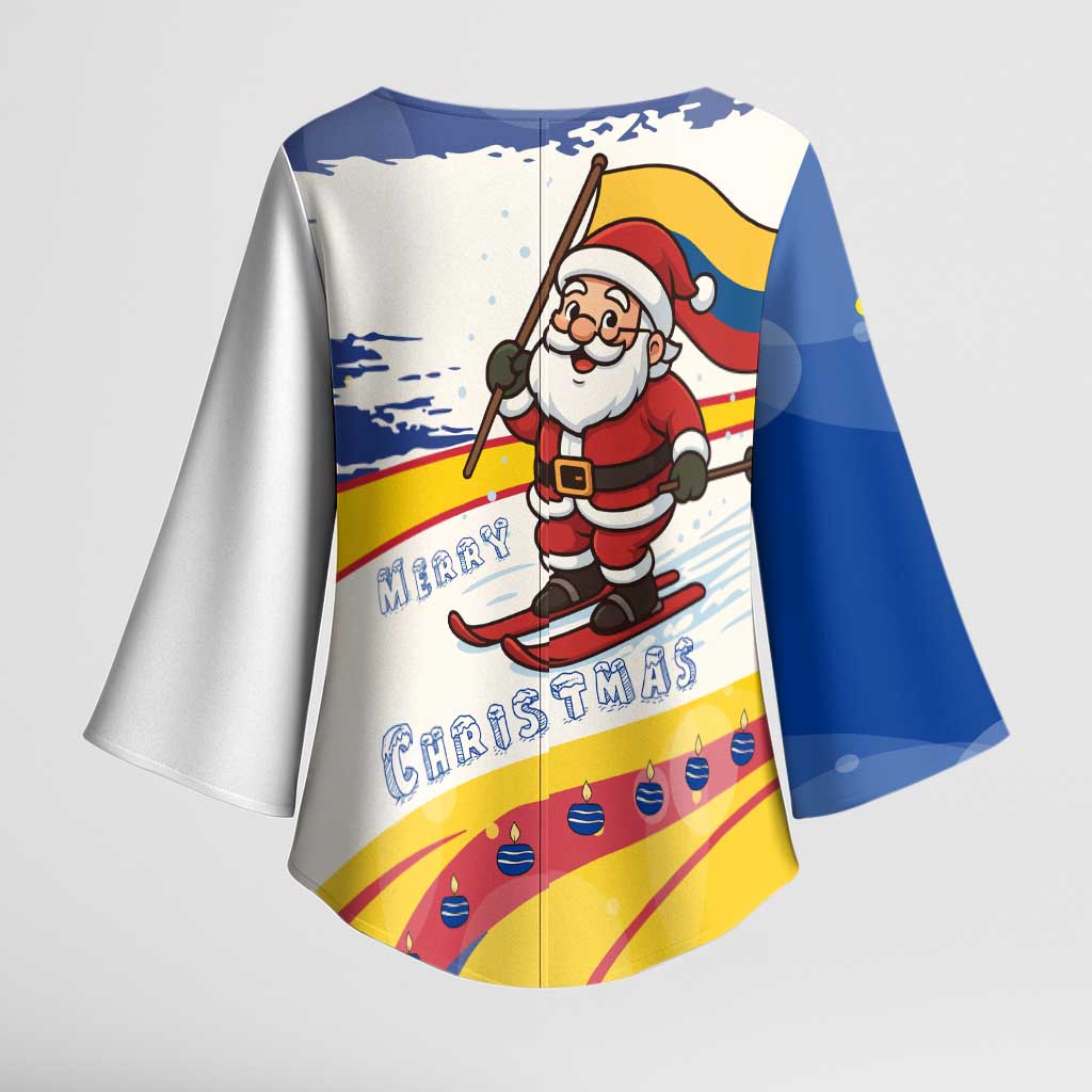 Colombia Christmas Kimono Sleeve Blouse with Santa Skiing Colombian Flag and Holiday Ornament - Wonder Print Shop