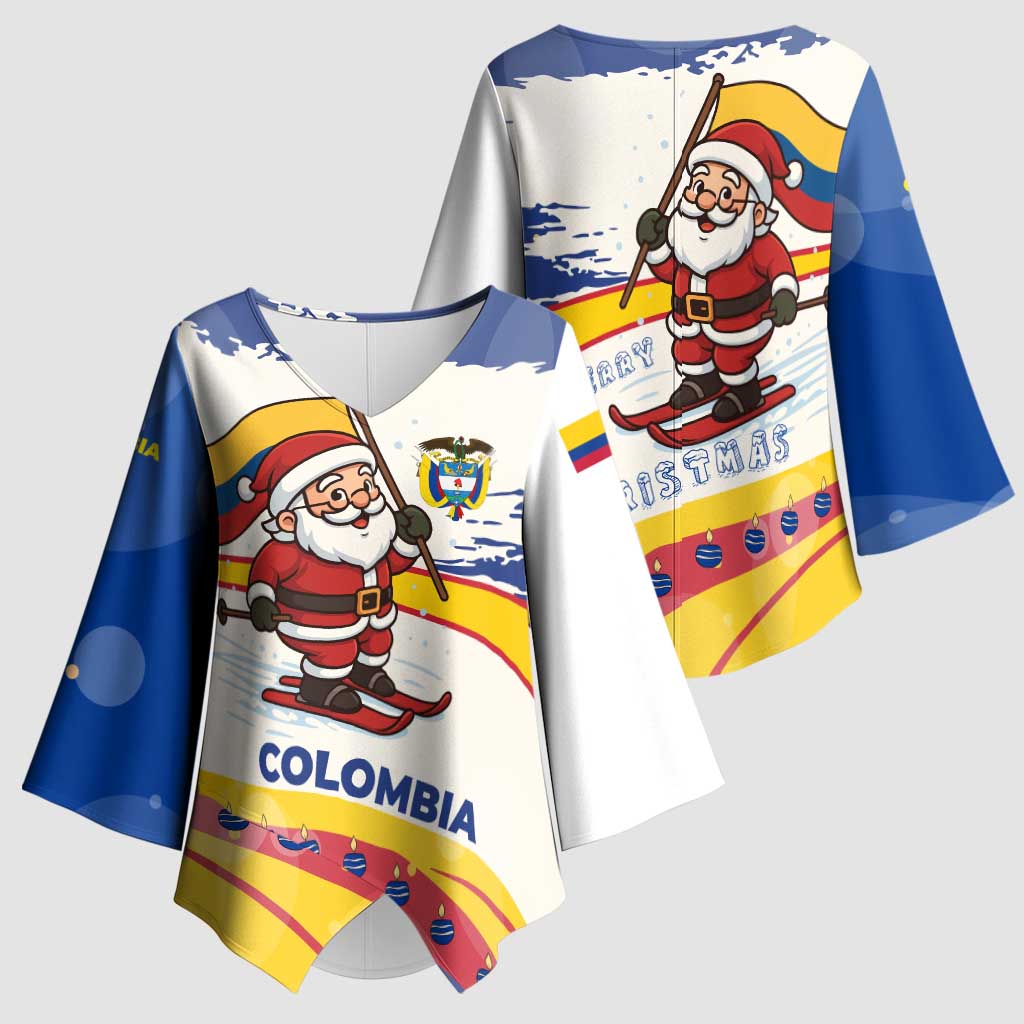 Colombia Christmas Kimono Sleeve Blouse with Santa Skiing Colombian Flag and Holiday Ornament - Wonder Print Shop