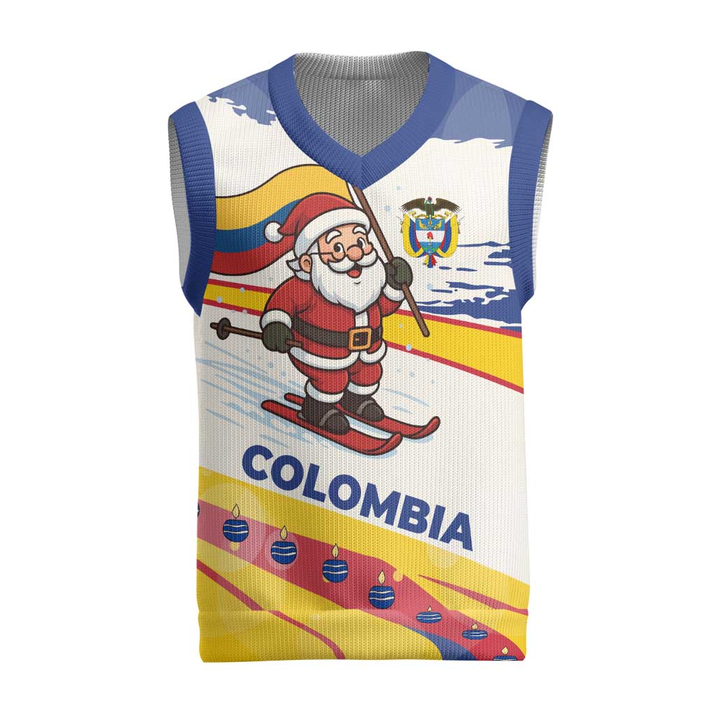 Colombia Christmas Knitted V-Neck Vest with Santa Skiing Colombian Flag and Holiday Ornament - Wonder Print Shop