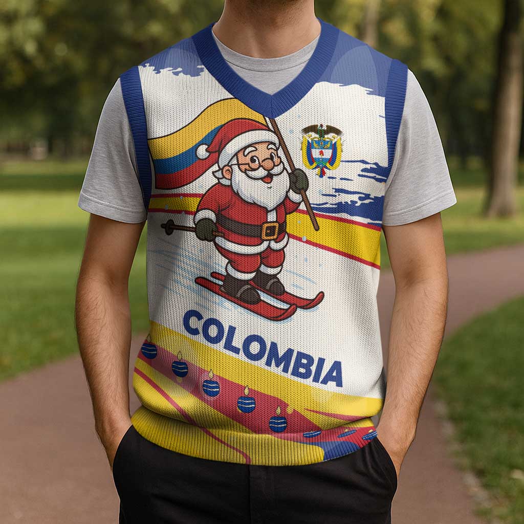 Colombia Christmas Knitted V-Neck Vest with Santa Skiing Colombian Flag and Holiday Ornament - Wonder Print Shop
