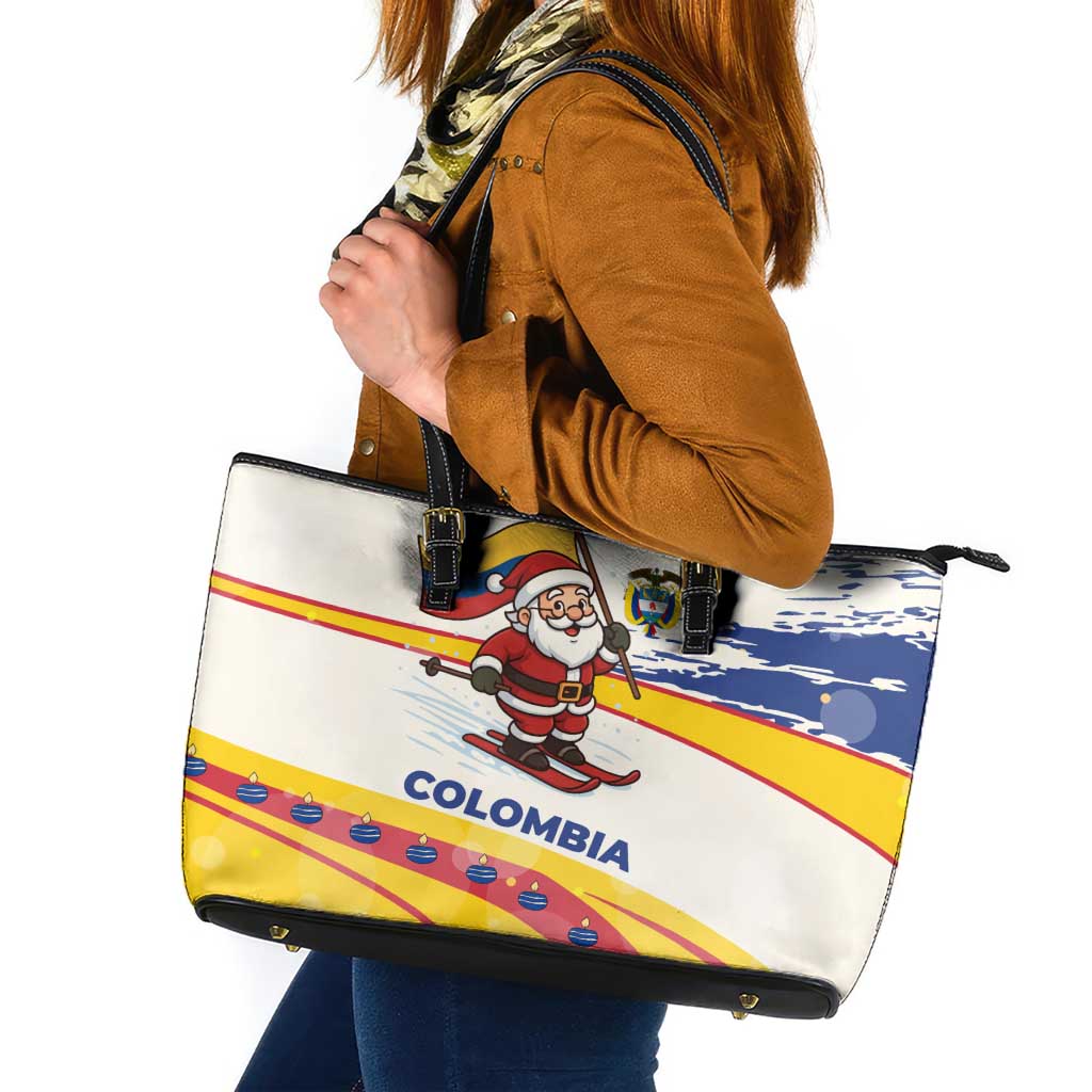 Colombia Christmas Leather Tote Bag with Santa Skiing Colombian Flag and Holiday Ornament - Wonder Print Shop