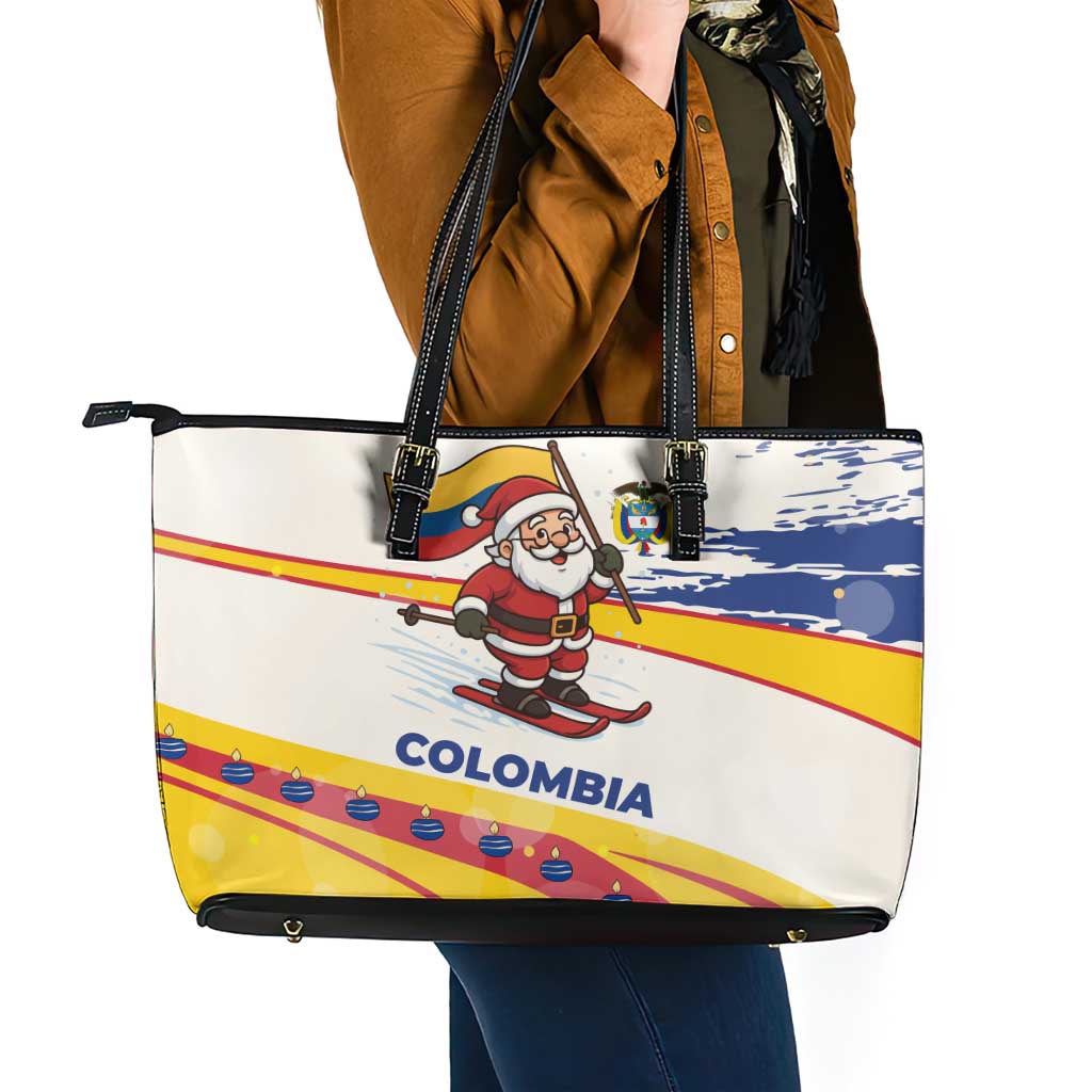 Colombia Christmas Leather Tote Bag with Santa Skiing Colombian Flag and Holiday Ornament - Wonder Print Shop
