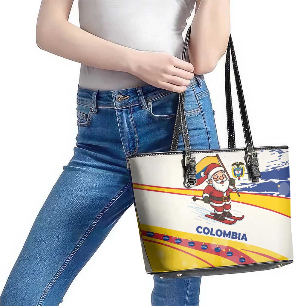 Colombia Christmas Leather Tote Bag with Santa Skiing Colombian Flag and Holiday Ornament - Wonder Print Shop