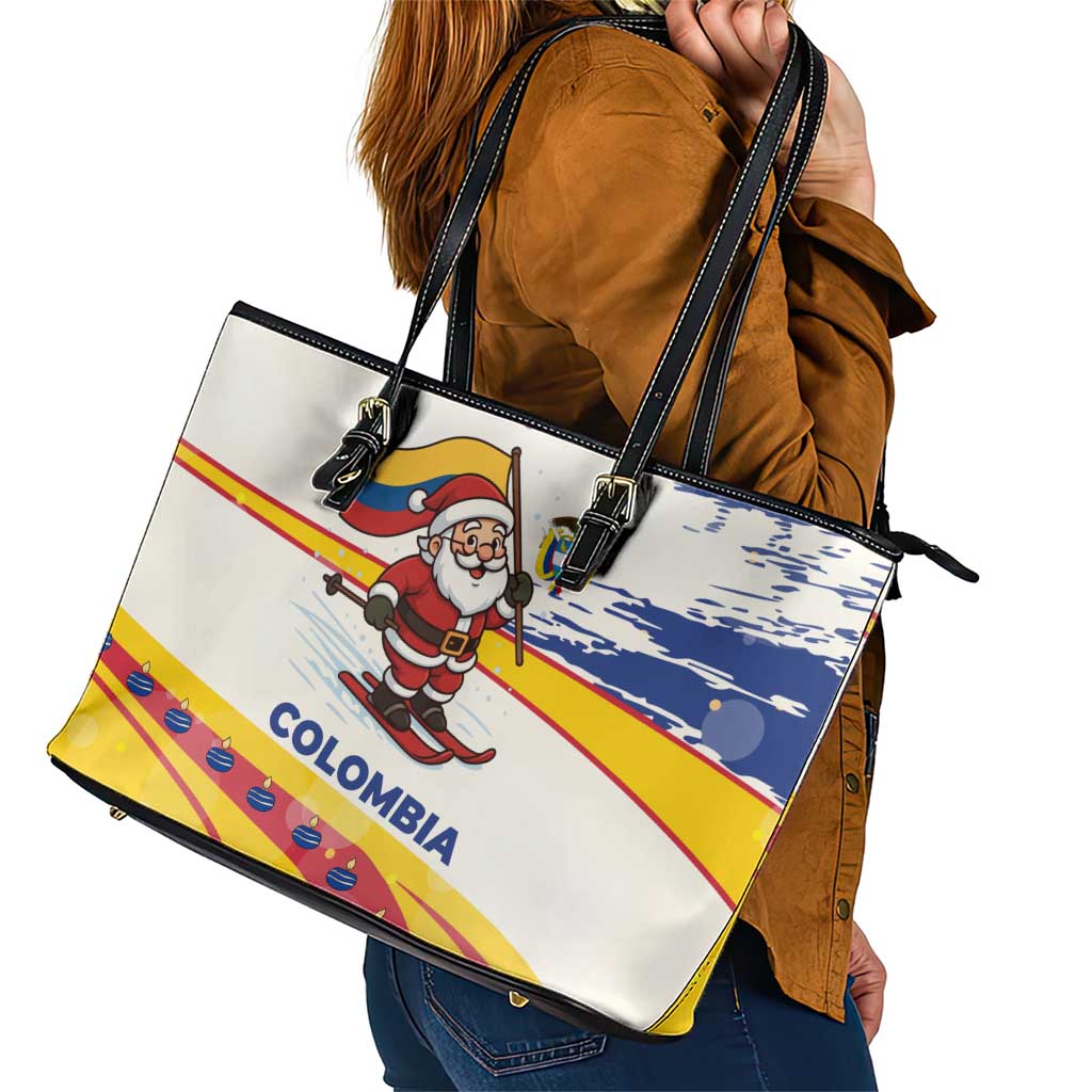 Colombia Christmas Leather Tote Bag with Santa Skiing Colombian Flag and Holiday Ornament - Wonder Print Shop