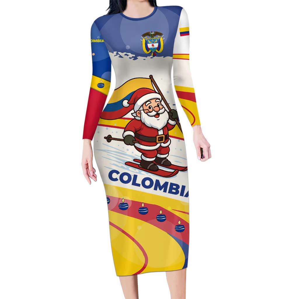 Colombia Christmas Long Sleeve Bodycon Dress with Santa Skiing Colombian Flag and Holiday Ornament - Wonder Print Shop
