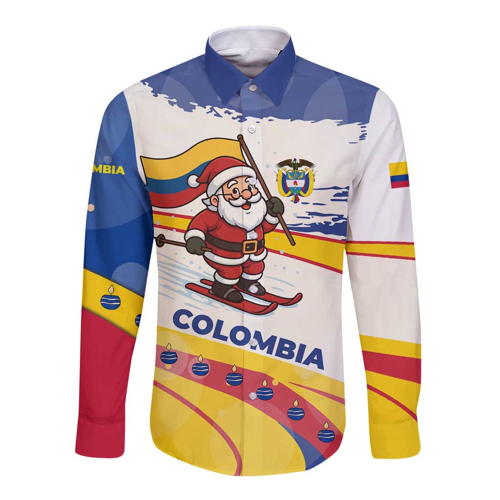 Colombia Christmas Long Sleeve Button Shirt with Santa Skiing Colombian Flag and Holiday Ornament - Wonder Print Shop