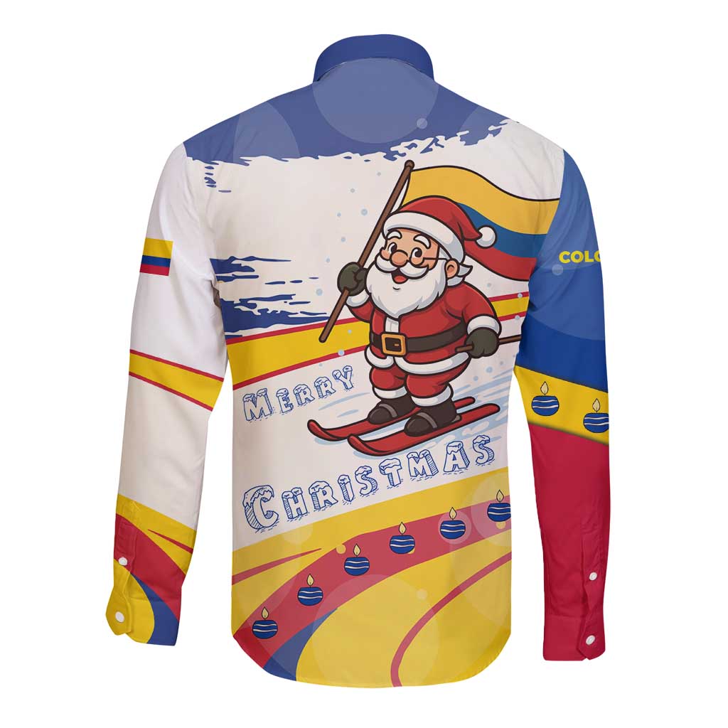 Colombia Christmas Long Sleeve Button Shirt with Santa Skiing Colombian Flag and Holiday Ornament - Wonder Print Shop