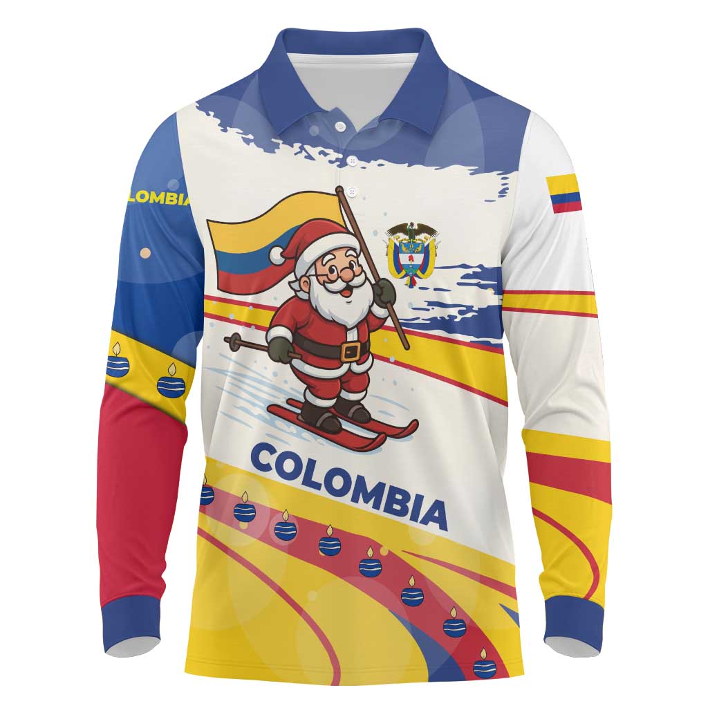 Colombia Christmas Long Sleeve Polo Shirt with Santa Skiing Colombian Flag and Holiday Ornament - Wonder Print Shop