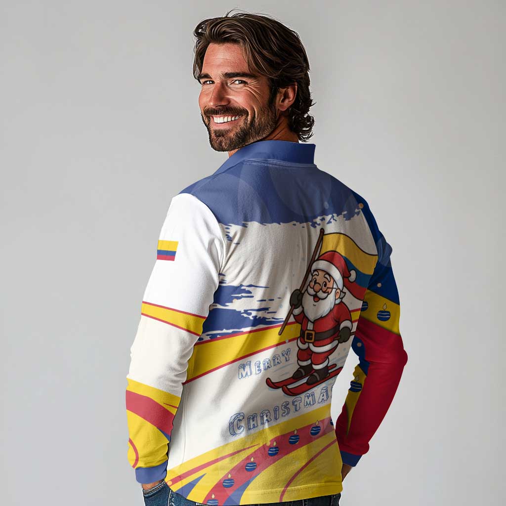 Colombia Christmas Long Sleeve Polo Shirt with Santa Skiing Colombian Flag and Holiday Ornament - Wonder Print Shop