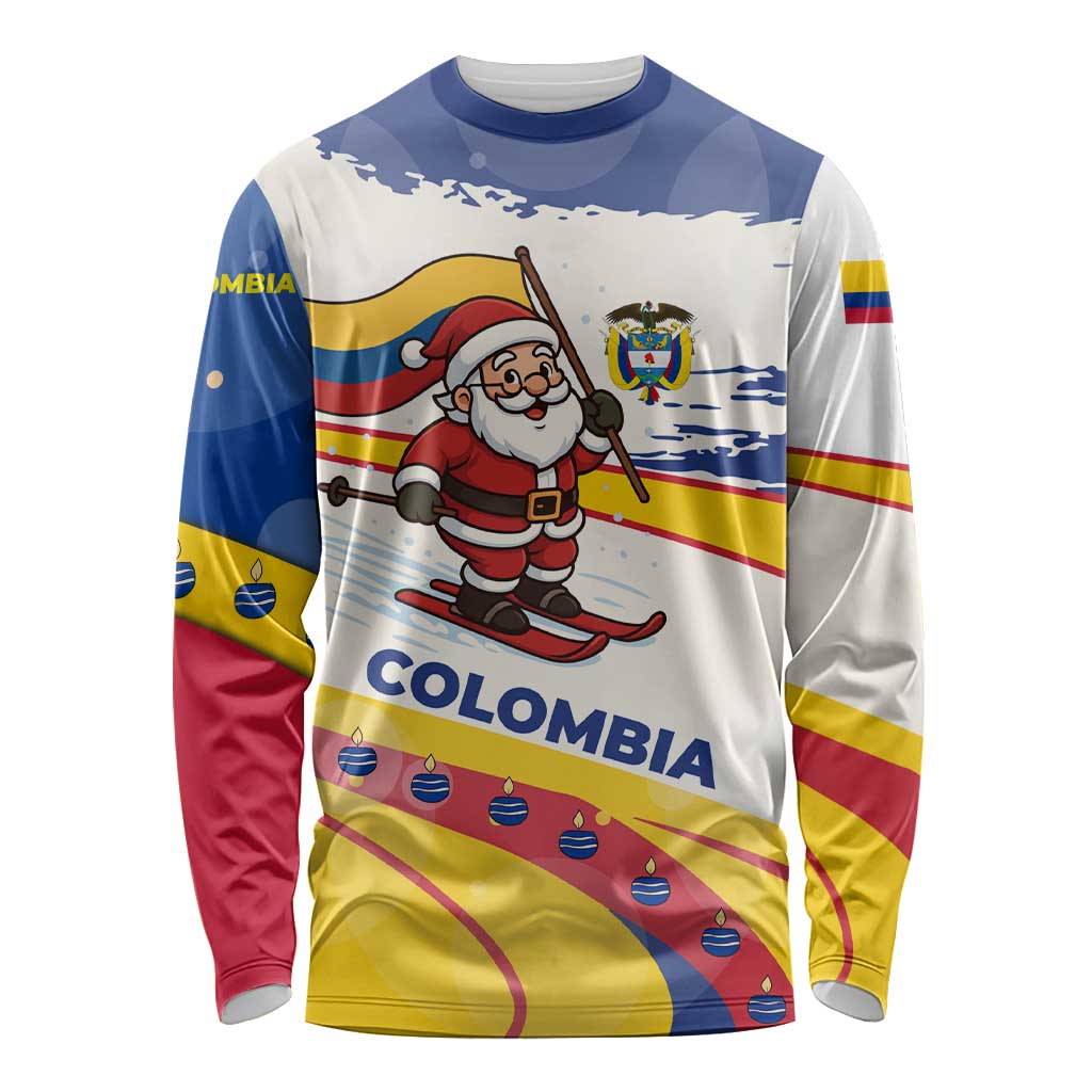 Colombia Christmas Long Sleeve Shirt with Santa Skiing Colombian Flag and Holiday Ornament - Wonder Print Shop